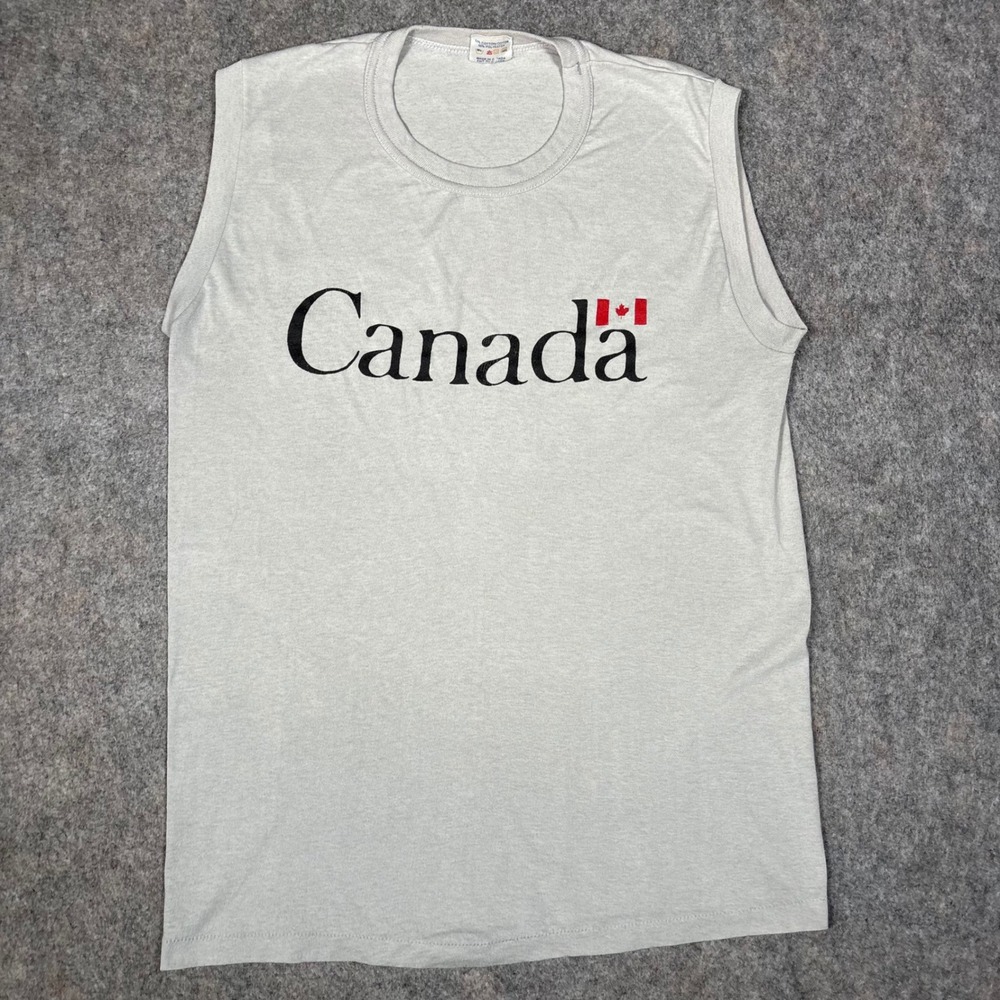 Vintage Canada Muscle Tee Mens L Gray Sleeveless Graphic Shirt Harvey Woods 90s